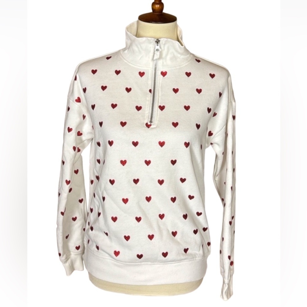 Cynthia Rowley white quarter zip sweatshirt with red glitter hearts Size Small